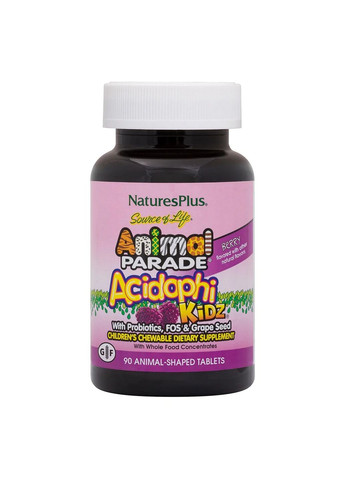 Пробіотики та пребіотики Animal Parade Acidophi Kidz, 90 жувальних таблеток - ягоди Natures Plus (293483141)