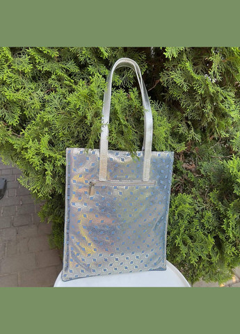 Жіноча сумка шопер лазерна натуральна шкіра срібна із блакитним Туреччина магнітна застібка Karya (341323086)