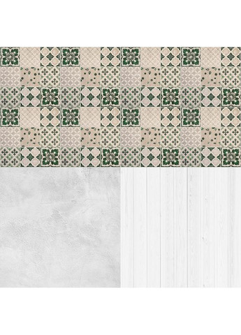 Угловой виниловый фон 3D для съёмки, зелёная плитка, пол светлый бетон и белое дерево, 60×60 см, №58303 PhotoVinyl (354362896)