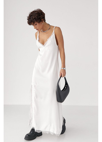 Белое сатиновое платье на бретелях с кружевом Lurex