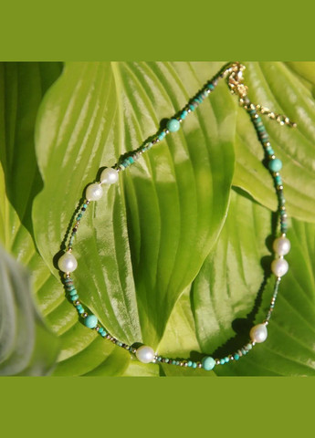 Чокер натуральний камінь Бірюза + Перли, фур-ра гіп-ний сплав колір золото d-7-1,5мм+- L-38-43см No Brand перли (культивовані), бірюза латунь золото (302899928)