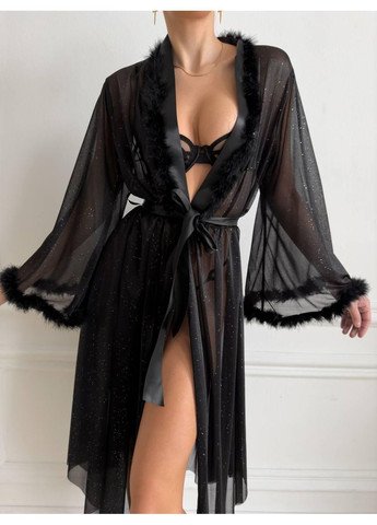 Халат прозрачный с перышком и блеском. Женский халат длинный черного цвета с перьями и атласным поясом. No Brand (366571795)
