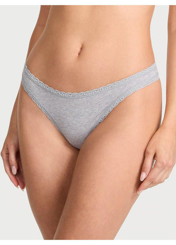 Трусики-стринги женские хлопковые The Lacie Cotton Lace-Waist Thong серые Victoria's Secret (348059496)