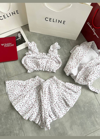 Комбинированная всесезон женский уютный муслиновый костюм-пижама тройка: халат топ и шортики муслин No Brand