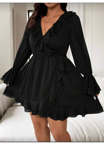 Чорна святковий, повсякденний, кежуал жіноча сукня з воланами на запах Style Point однотонна