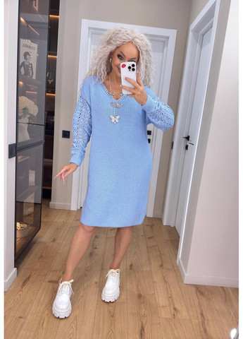 Голубое женское вязаное платье с ажурными рукавами 00400 No Brand