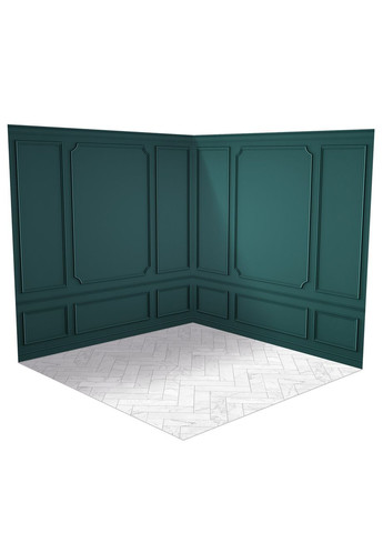 Фотофон вініловий кутовий 3D, зелені панелі фрезеровані, підлога плитка ялинка і світле дерево, 80×80 см, №58207 PhotoVinyl (354374125)