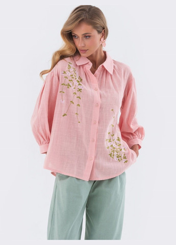 Розовая льняная блузка розового цвета с вышивкой Dressa