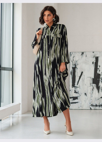 Чорна кежуал сукня-максі вільного крою з принтом чорна сукня-сорочка Dressa з абстрактним візерунком