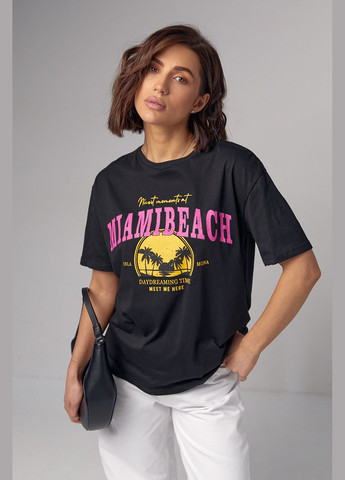 Черная летняя трикотажная футболка с принтом miami beach 22813 с коротким рукавом Lurex