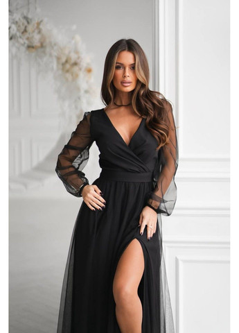 Чорна витончена довга сукня з м’якою сіткою та високим розрізом на нозі чорний No Brand