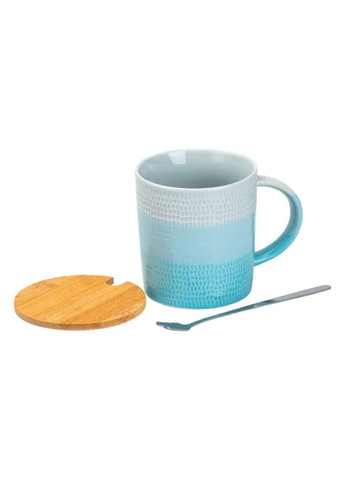 Чашка с бамбуковой крышкой и ложкой фарфоровая 350 мл Голубая для чая и кофе стильная посуда для напитков ProDobro (364192256)