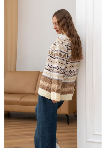 Молочний жіночий теплий вовняний светр шафран з орнаментом молочний з бежем You Best