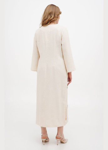 Бежева довга лляна сукня з квітковою вишивкою з довгим рукавом жаклен., р., код 0342/46/606 ГАЛЕРЕЯ ЛЬОНУ