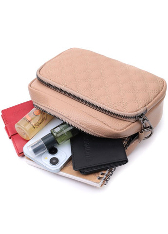 Модна жіноча кроссбоді прошита ромбами на лицьовій стороні з натуральної шкіри бежева 22637 Vintage (329195424)