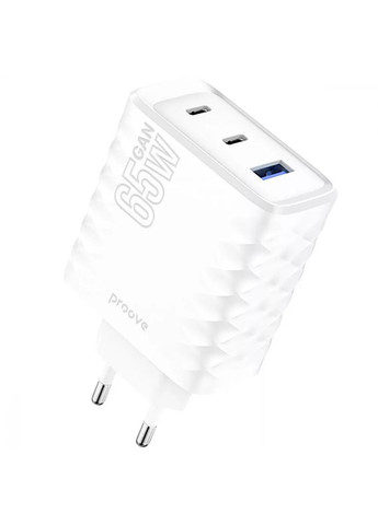 Зарядное устройство быстрый адаптер питания Speed Surge Gan 65W (USB + 2 Type-C) белый Proove (293346365)