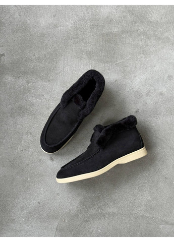 женские зимние лоферы из натуральной замши с мехом, черные, на низком ходу No Brand