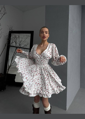 Белое повседневный платье женское с юбкой-солнце Україна с цветочным принтом