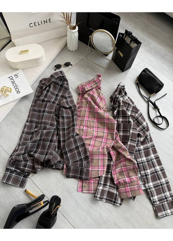 Розово-коричневая спортивная, повседневный, кэжуал рубашка в клетку No Brand с длинным рукавом