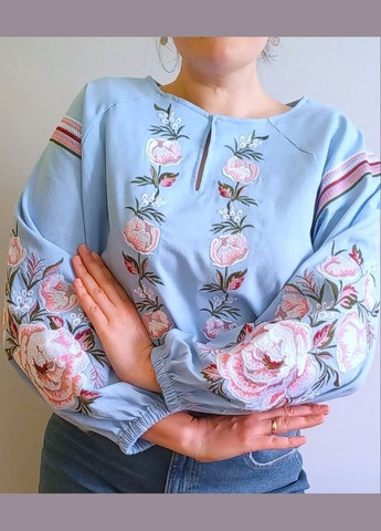 Блакитна жіноча вишиванка лляна піони блакитна візерунок квітковий приталена, вільна, пряма льон (311600094)