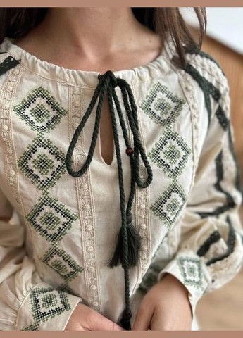 Блузка бежевая вышиванка с кружевом на рукавах и геометрической вышивкой You Best (293057529)