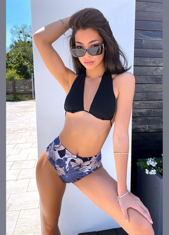 Синий летний раздельный купальник цветочный принт. синий с черным Seventeen