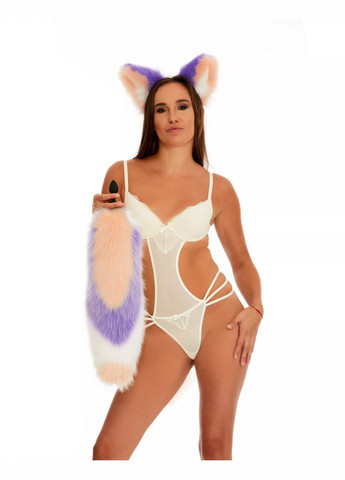 Анальный меховой хвост без пробки, Трехцветный: Персиковый, фиолетовый, белый с персиковым кончиком, 50 см. OKOVA (315148857)