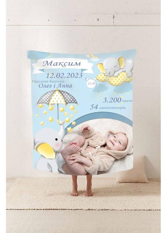 Плед 3D зі своїми побажаннями з метрикою Метриковий плед слоник пухнастик для хлопчика з 1 фото 20222383_C 11566 80х100 см No Brand (358100666)