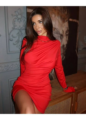 Червона вечірня жіноча сукня міні з високим коміром та драпіруванням MonCher