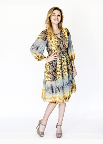 Желтое повседневный, кэжуал, коктейльное женское платье меди с рукавом ¾ шифоновое с анималистическим принтом а-силуэт LeMysh с животным (анималистичным) принтом