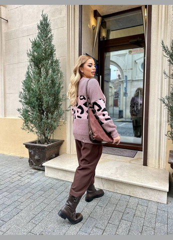 Пудровый теплый вязаный шерстяной свитер с лео вставкой рванка удлиненный пудра You Best