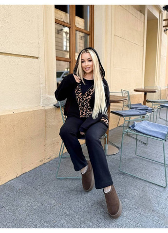 Жіночий флісовий костюм з леопардовими вставками: худі на блискавці та штани MonCher (362501251)