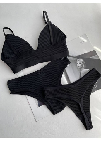 Чорний демісезонний жіночий комплект нижньої білизни з натуральної тканини чорного кольору, бретелі на регуляторах та знімні чашечки No Brand Комплект білизни