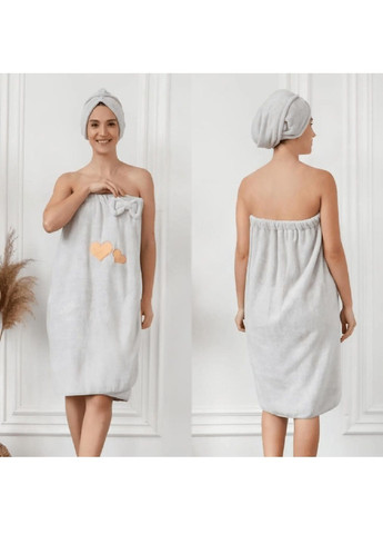 Набор женский полотенце халат для тела чалма на голову микрофибра для ванны бани сауны 140х80 см (478870-Prob) Сердце серый Unbranded (314765685)