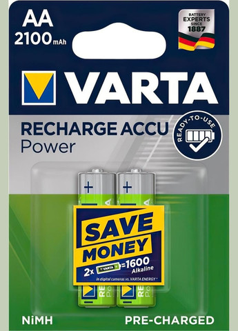 Аккумулятор RECHARGEABLE ACCU AA 2100mAh BLI 2 NIMH R6 Varta (315664886)