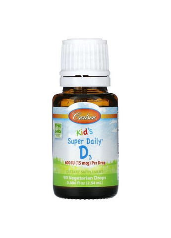 Вітамін D3 для Дітей у Краплях, 600 МО, Kid's Super Daily D3,, 2.54 мл Carlson Labs (332998077)
