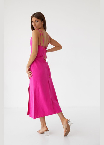 Фуксинова (кольору Фукія) повсякденний оригінальний сарафан міді прикрашений дерев'яними намистинами firesh бежевий колір l з відкритими плечима No Brand однотонна