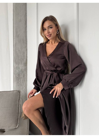 Коричнева ошатна сукня з шовку коричневого кольору 36149 кльош No Brand однотонна