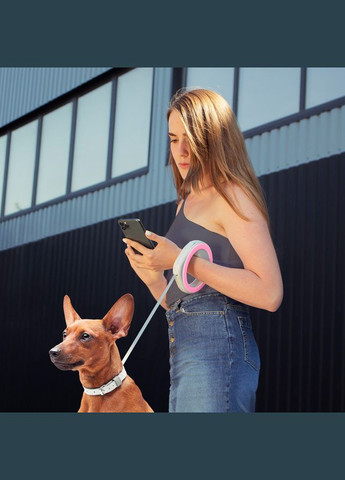 Поводок-рулетка для собак R-leash, круглая, до 40 кг, 2,9 м, светоотражающая розовая лента WAUDOG (323487128)
