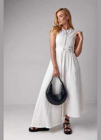 Молочное кэжуал платье макси с молнией и асимметричным подолом 242407 Lurex однотонное