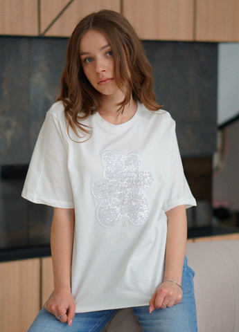 Однотонна футболка з вишивкою медведик PEPPER MINT oversize - (322401959)