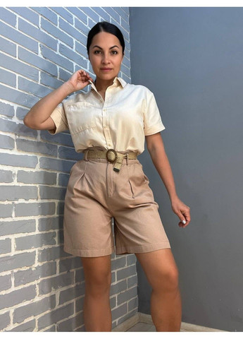 Шорти котонові 4022 бермуди висока посадка на резинці пасок з льону капучино MIX RAY (315446692)