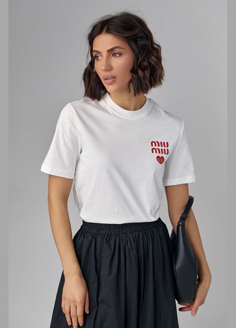 Молочная летняя трикотажная женская футболка с надписью miu miu 122345 с коротким рукавом Lurex