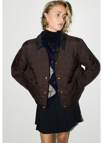 Темно-коричнева демісезонна жіноча стьобана куртка з вельветовим коміром н&м (58562) xs темно-коричнева H&M