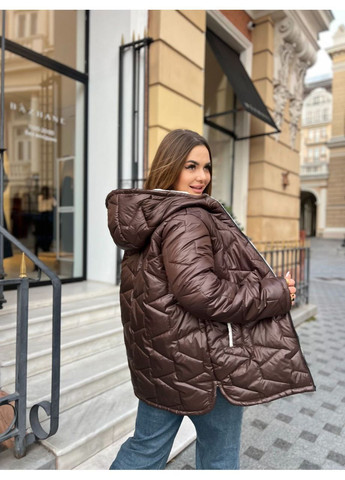 Темно-коричневая демисезонная куртка стеганная плащевка лаке, силикон 200, с капюшоном на молнии Україна