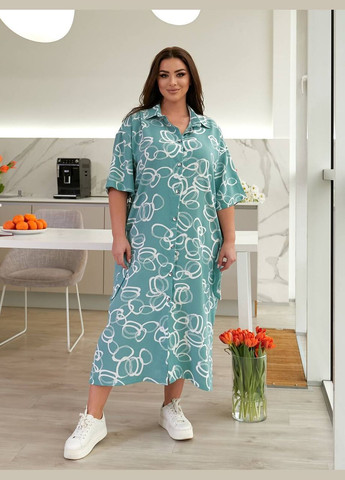 Фисташковое повседневный длинное платье-рубашка фисташкового цвета 32105 рубашка Fashion с геометрическим узором