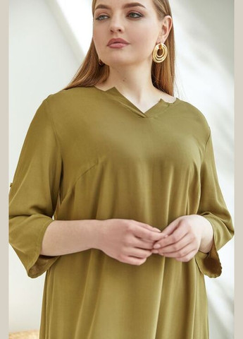 Оливковое платье с v-образным вырезом из штапеля оливковое Vovk