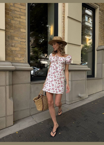 Рожева повсякденний жіноча льняна сукня в квітковому принті Avanti з квітковим принтом