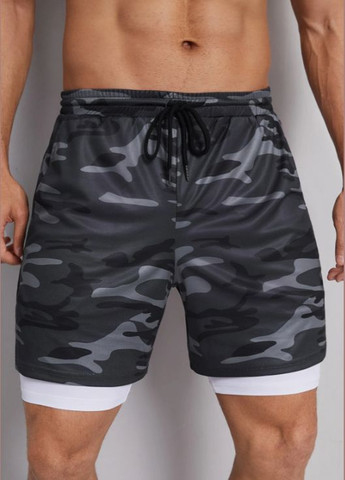 Двойные мужские шорты-тайтсы для спорта серый камуфляж No Brand (348317809)