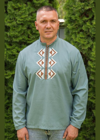 Мятная вышиванка льняная мужская, украинская вышиванка с длинным рукавом узор орнамент приталенная, свободная, прямой лен (317206522)